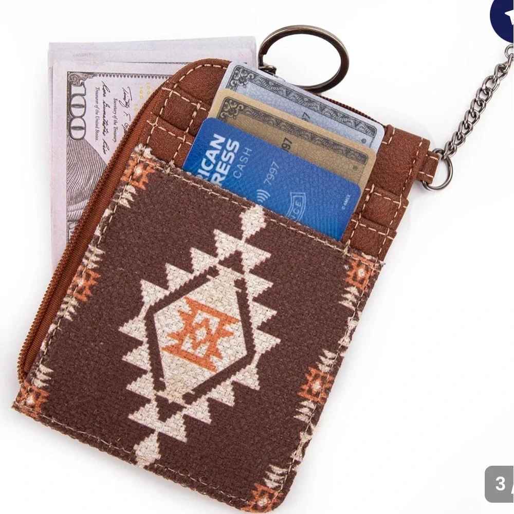 Wrangler Card Holder Wallet Womens OS Brown Southwestern Tribal Print Zipper New